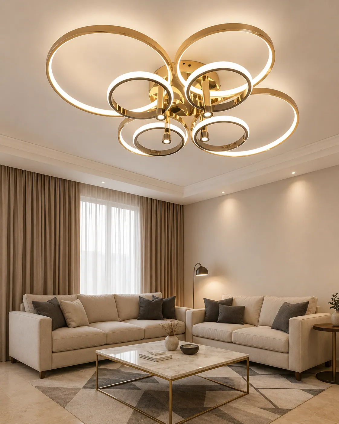 A modern ceiling light glowing warmly in a contemporary room