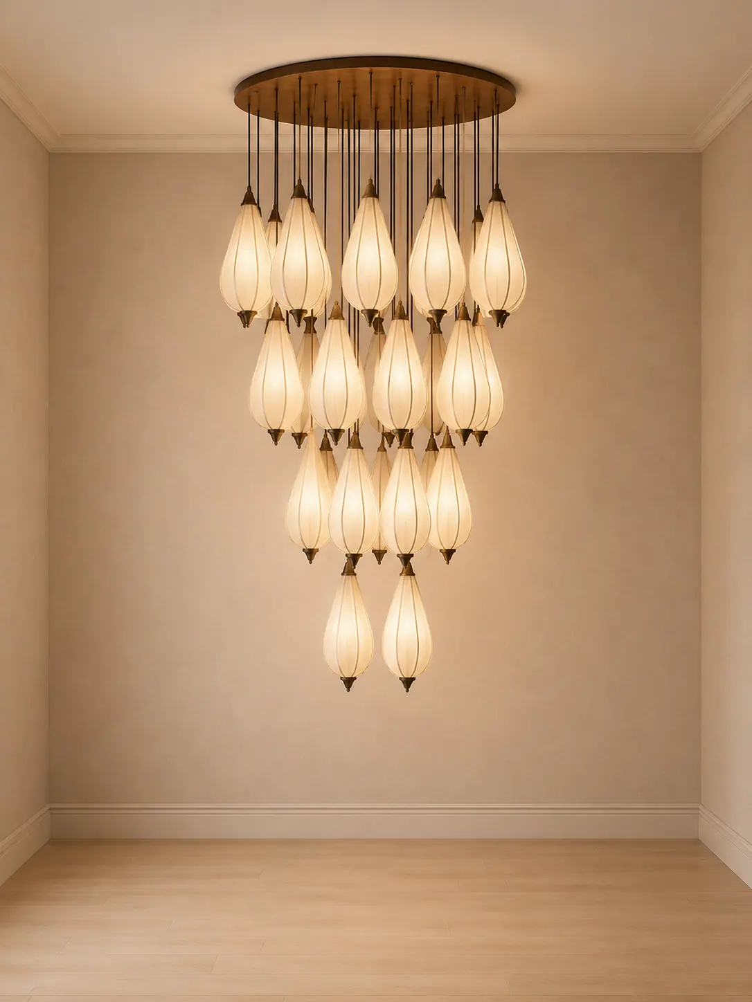 Close detail of a warm glowing pendant, showing brightness